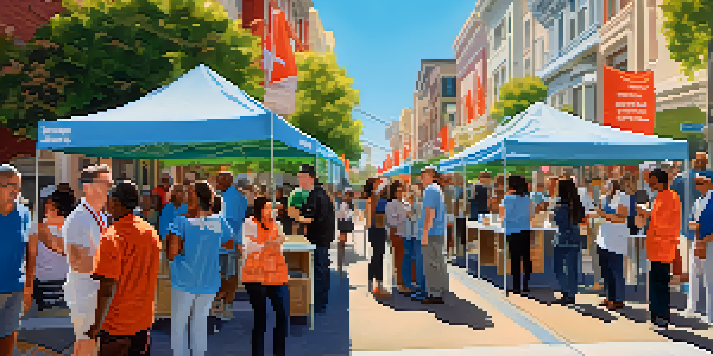 A bustling San Francisco street with a community vaccination event, featuring diverse individuals engaging with healthcare professionals, colorful banners, and a sunny atmosphere.