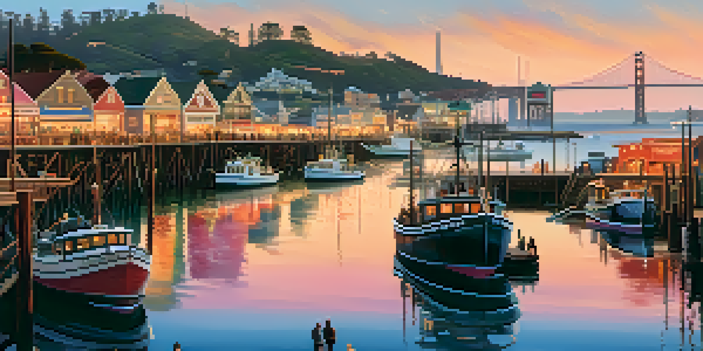 A scenic sunset view of Fisherman's Wharf in San Francisco, featuring historic fishing boats, seafood stalls, and the Golden Gate Bridge in the background.