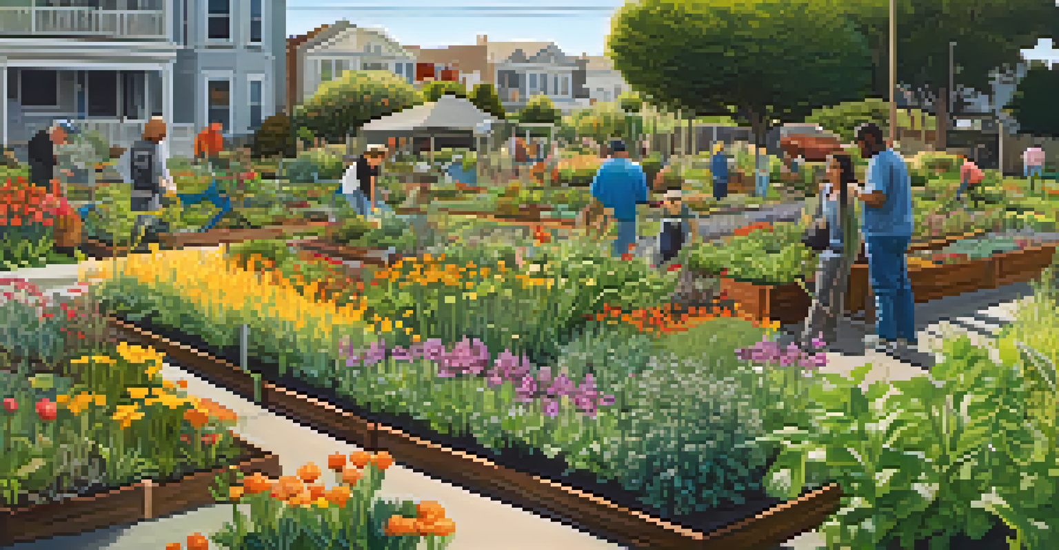A community garden in San Francisco with residents gardening and diverse plants, reflecting a sense of community and collaboration.