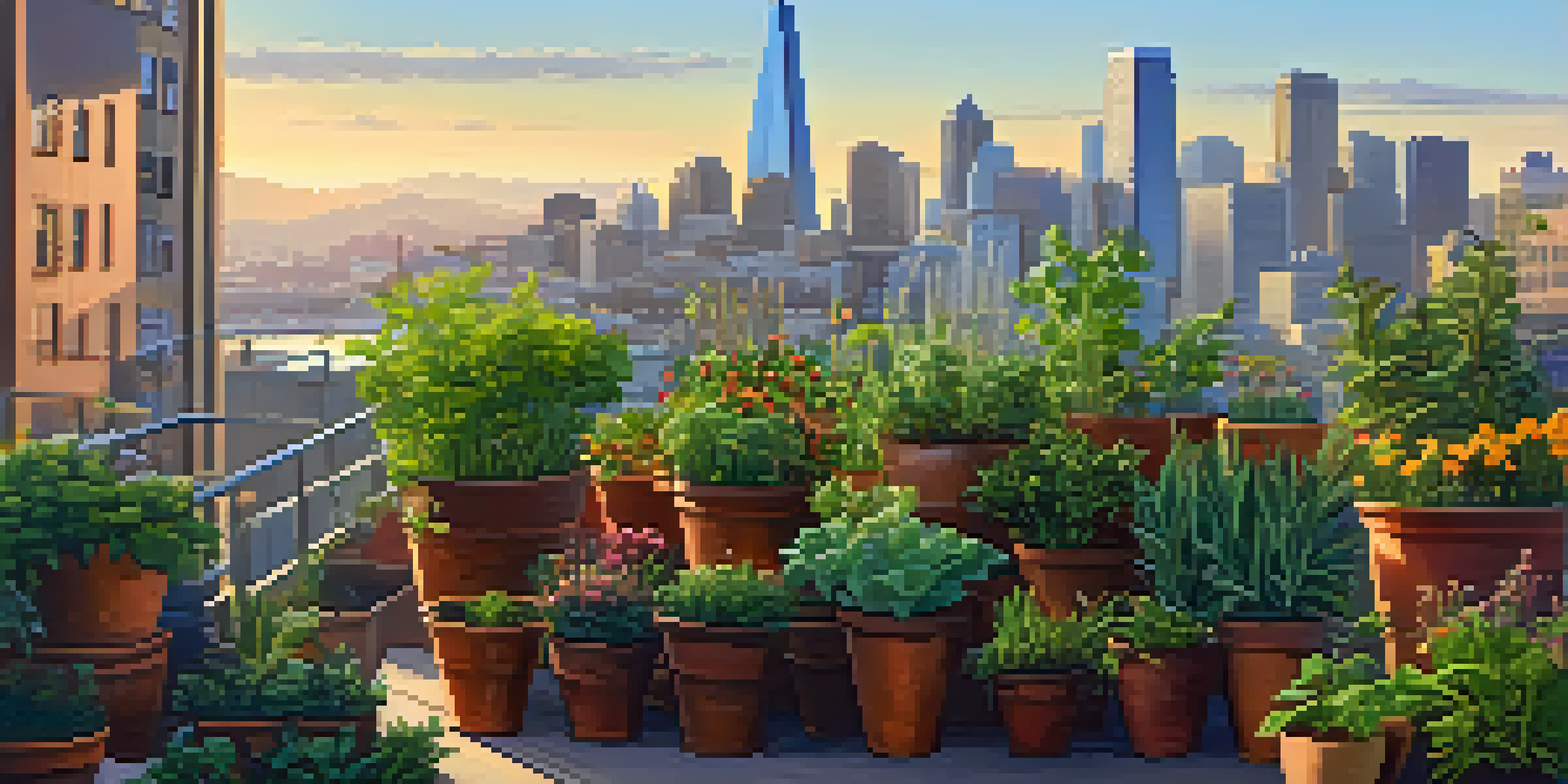 A colorful rooftop garden in San Francisco filled with potted plants and flowers, set against a backdrop of the city skyline during sunset.