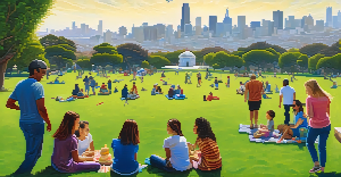 Families enjoying a sunny day with picnics and activities at Mission Dolores Park, with the San Francisco skyline and Mission San Francisco de Asís in the background.