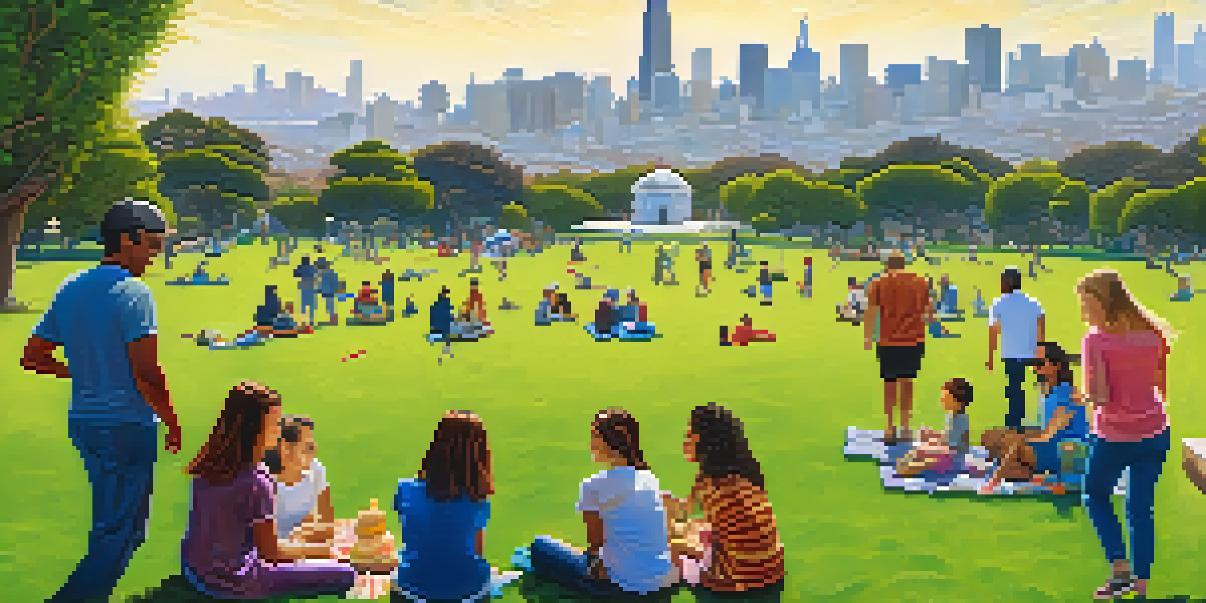 Families enjoying a sunny day with picnics and activities at Mission Dolores Park, with the San Francisco skyline and Mission San Francisco de Asís in the background.