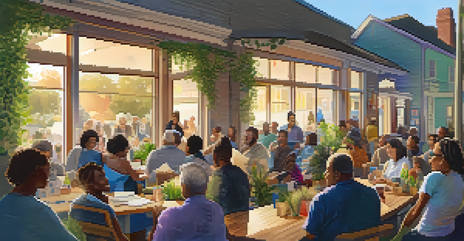 Residents gathered in a community center discussing plans for affordable housing, with blueprints and a sunny, inviting environment.