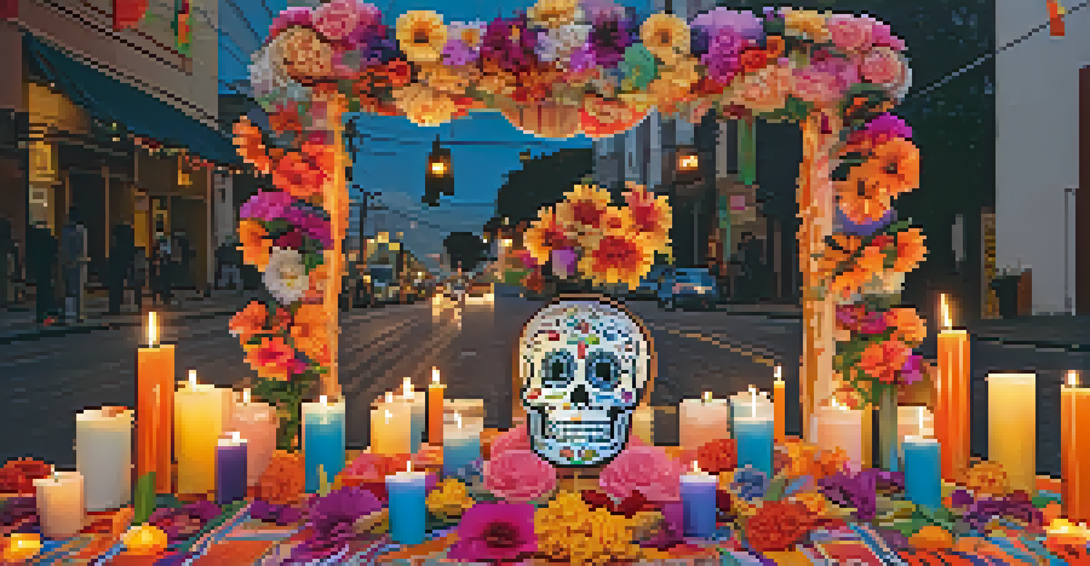 A colorful Día de los Muertos altar in the Mission District, decorated with papel picado, candles, and flowers, surrounded by people celebrating.