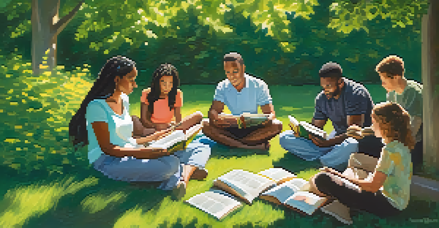 A group of diverse people reading books in a sunny park surrounded by greenery and flowers, creating a peaceful atmosphere.