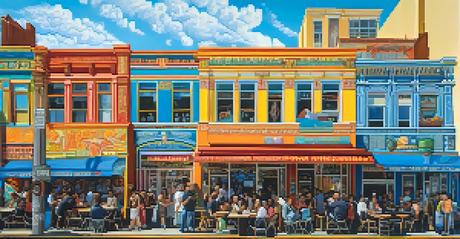 A colorful mural on a building in the Mission District, illustrating themes of social justice and community.