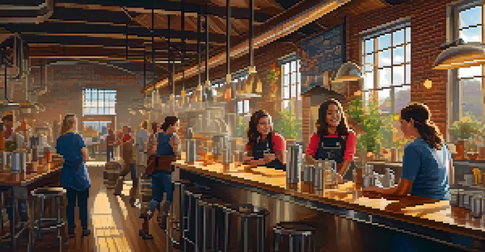 A group of diverse women brewers working together in a craft brewery, with a large brewing kettle and colorful ingredients.