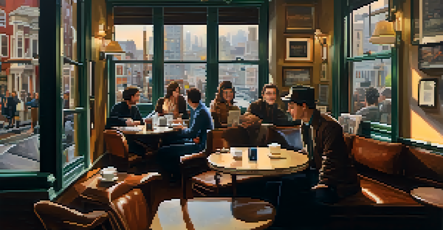 An inviting coffeehouse in San Francisco with artists and writers discussing, vintage decor, and a view of bustling city streets outside.