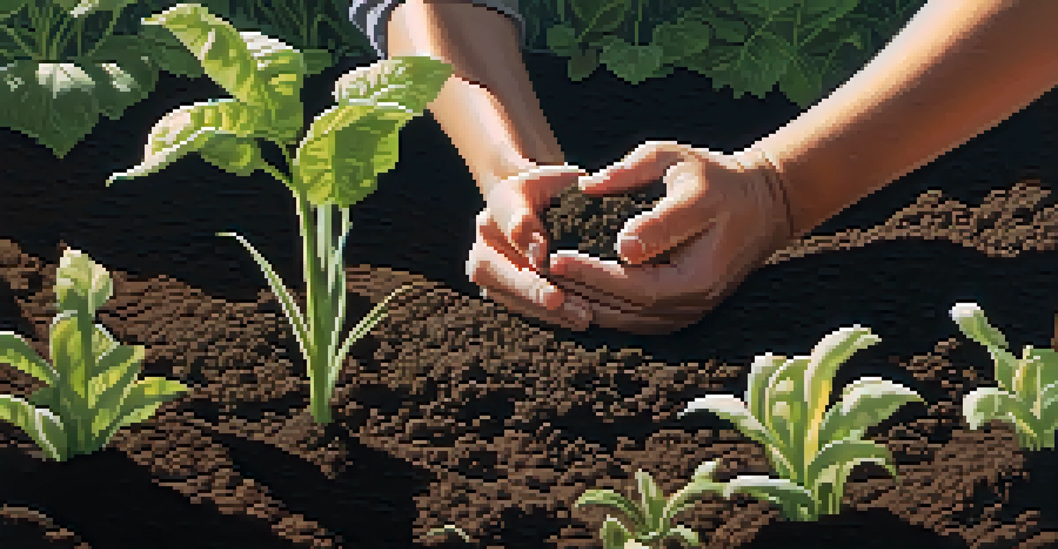 Close-up of hands planting seeds in rich soil in a community garden, with sunlight filtering through leaves.