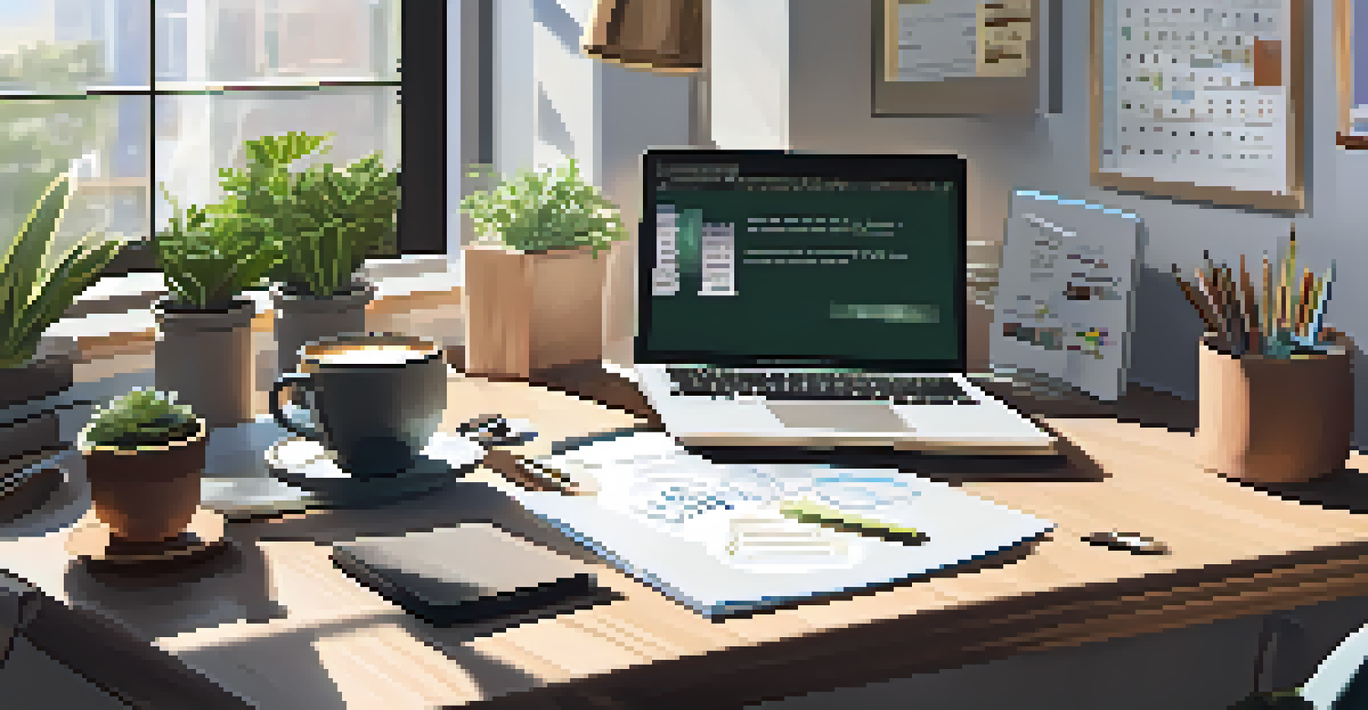 A well-lit workspace for a gig worker, featuring a modern desk with a laptop, coffee, and plants, creating a cozy and productive environment.