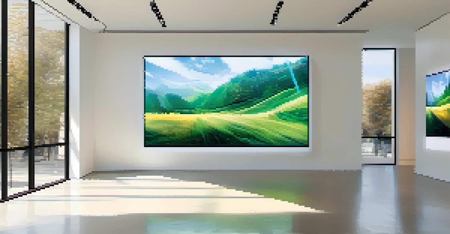 A modern art gallery with digital installations and interactive artworks illuminated by natural light.
