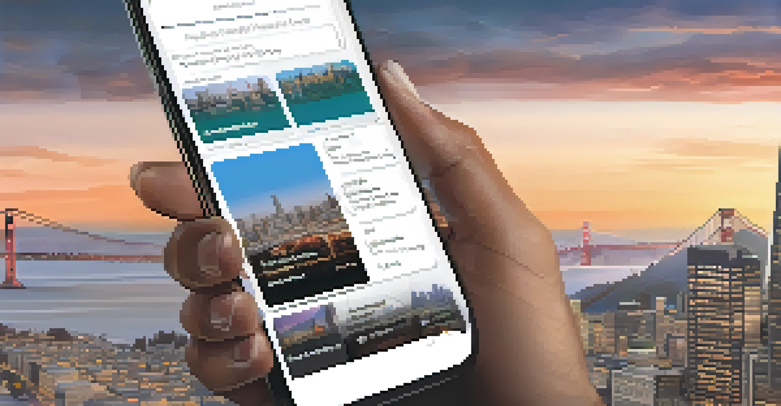 A close-up of a person holding a smartphone showing a podcast app with a blurred San Francisco cityscape in the background.