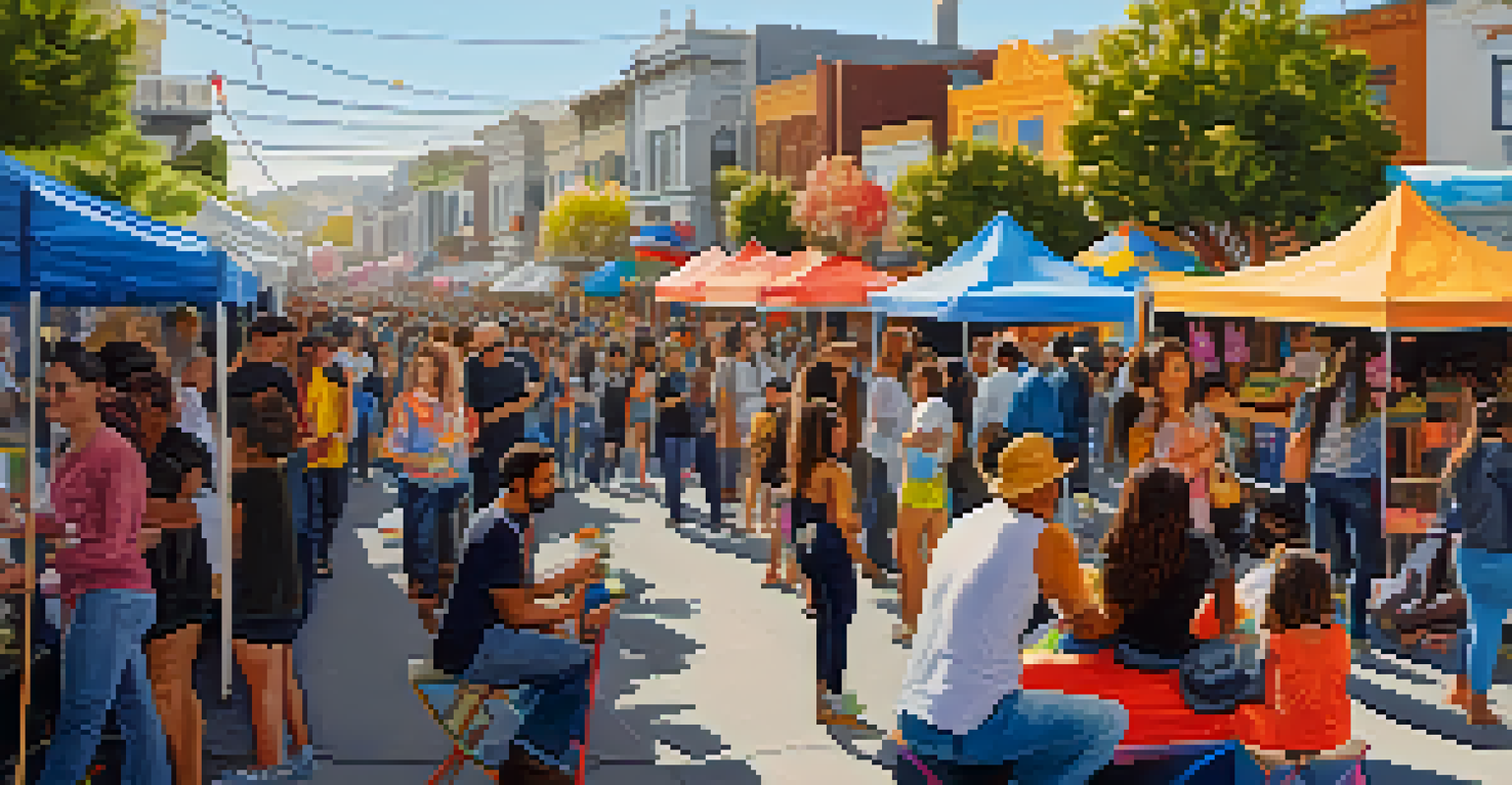A lively outdoor art festival in the Mission District, with diverse people enjoying performances and art installations amidst colorful decorations and local crafts.