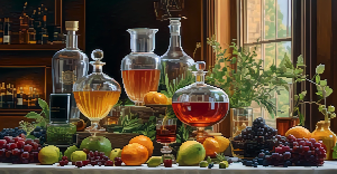 A tasting table with craft spirits in glassware, local fruits, and herbs, illuminated by warm lighting.