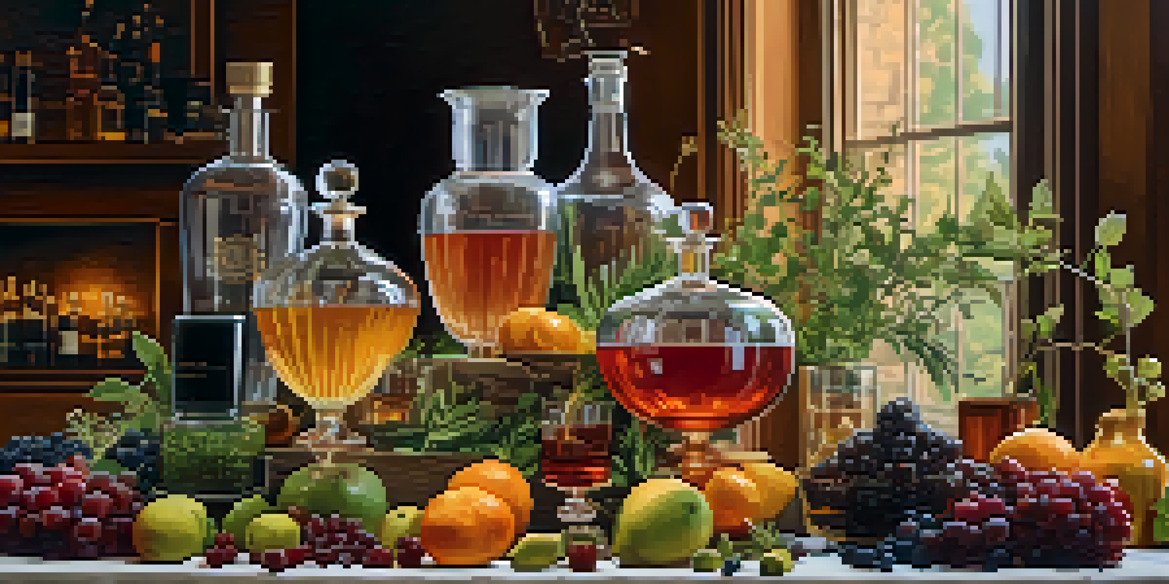 A tasting table with craft spirits in glassware, local fruits, and herbs, illuminated by warm lighting.