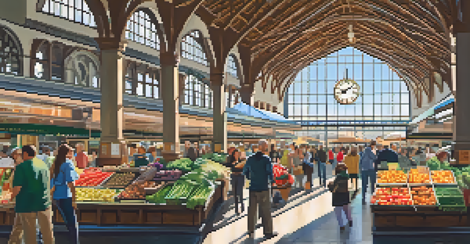 The interior of the Ferry Building Marketplace in San Francisco, filled with people and colorful stalls, with the clock tower visible in the background.