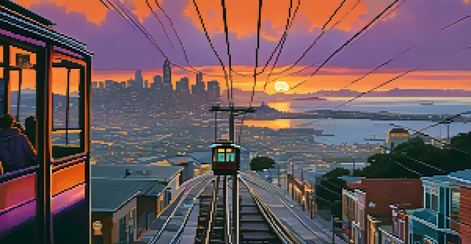 A sunset view from a cable car, with the San Francisco skyline silhouetted against vibrant orange and purple colors, and the bay shimmering in the distance.