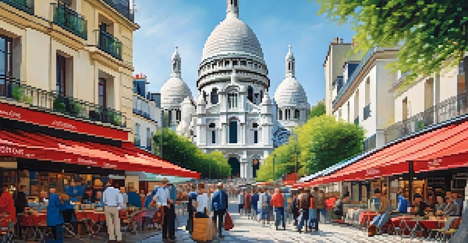 A bustling Montmartre street with artists, street art, and the Basilica of Sacré-Cœur in the background.