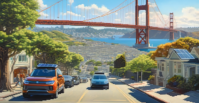 An urban landscape of San Francisco with solar panels, electric vehicles, and the Golden Gate Bridge in the background under a clear blue sky.