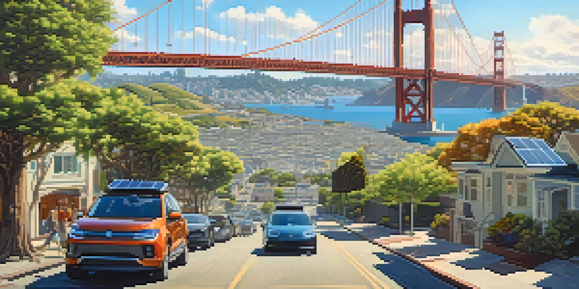 An urban landscape of San Francisco with solar panels, electric vehicles, and the Golden Gate Bridge in the background under a clear blue sky.