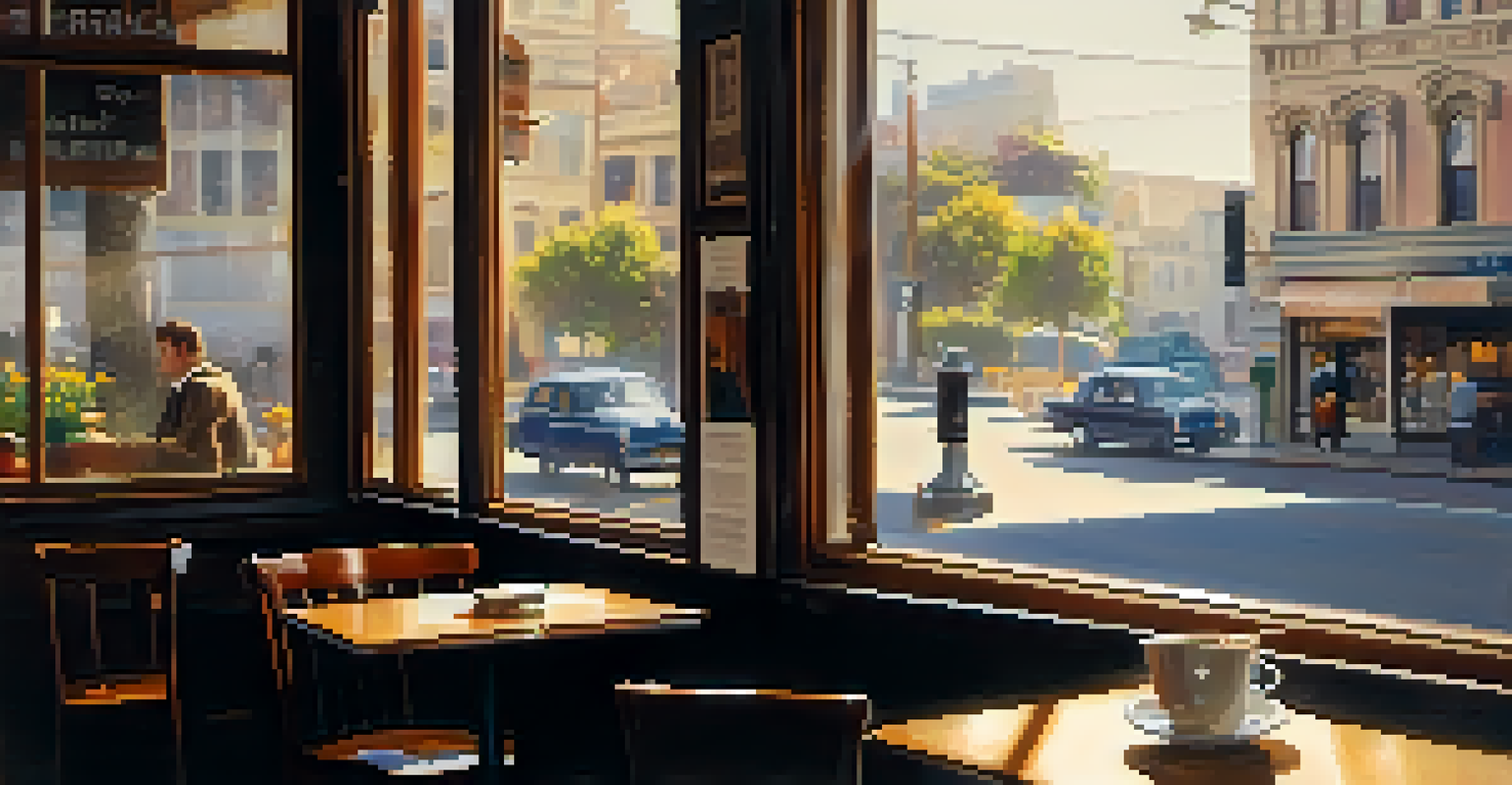 An intimate café scene in San Francisco with coffee, a notebook, and sunlight filtering through the window.