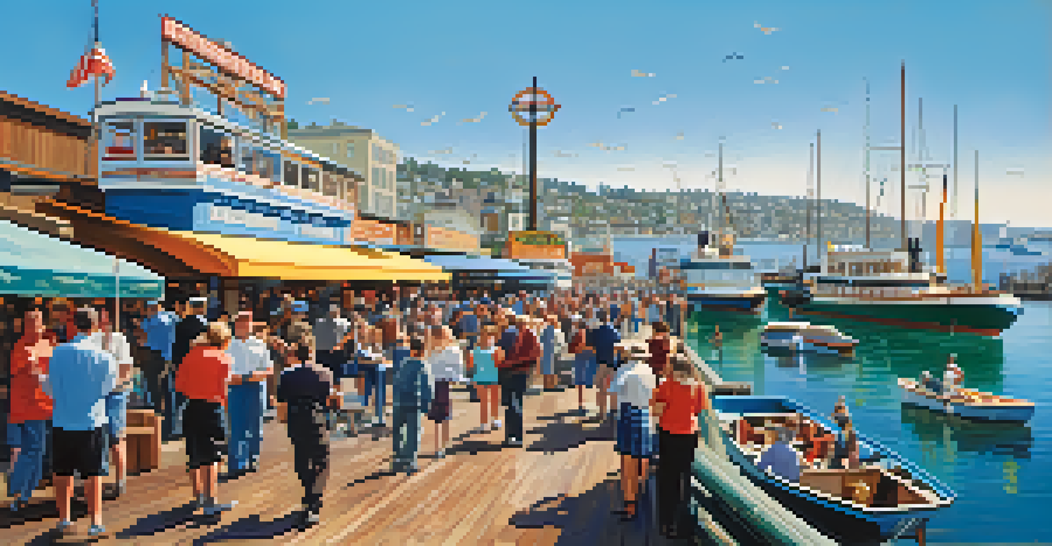 A lively Fisherman's Wharf scene with colorful boats, tourists enjoying seafood, and sea lions sunbathing.