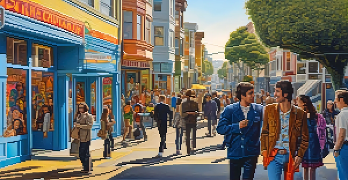 A colorful street scene in Haight-Ashbury, showcasing murals, vintage shops, and people in tie-dye clothing, with musicians playing guitars.
