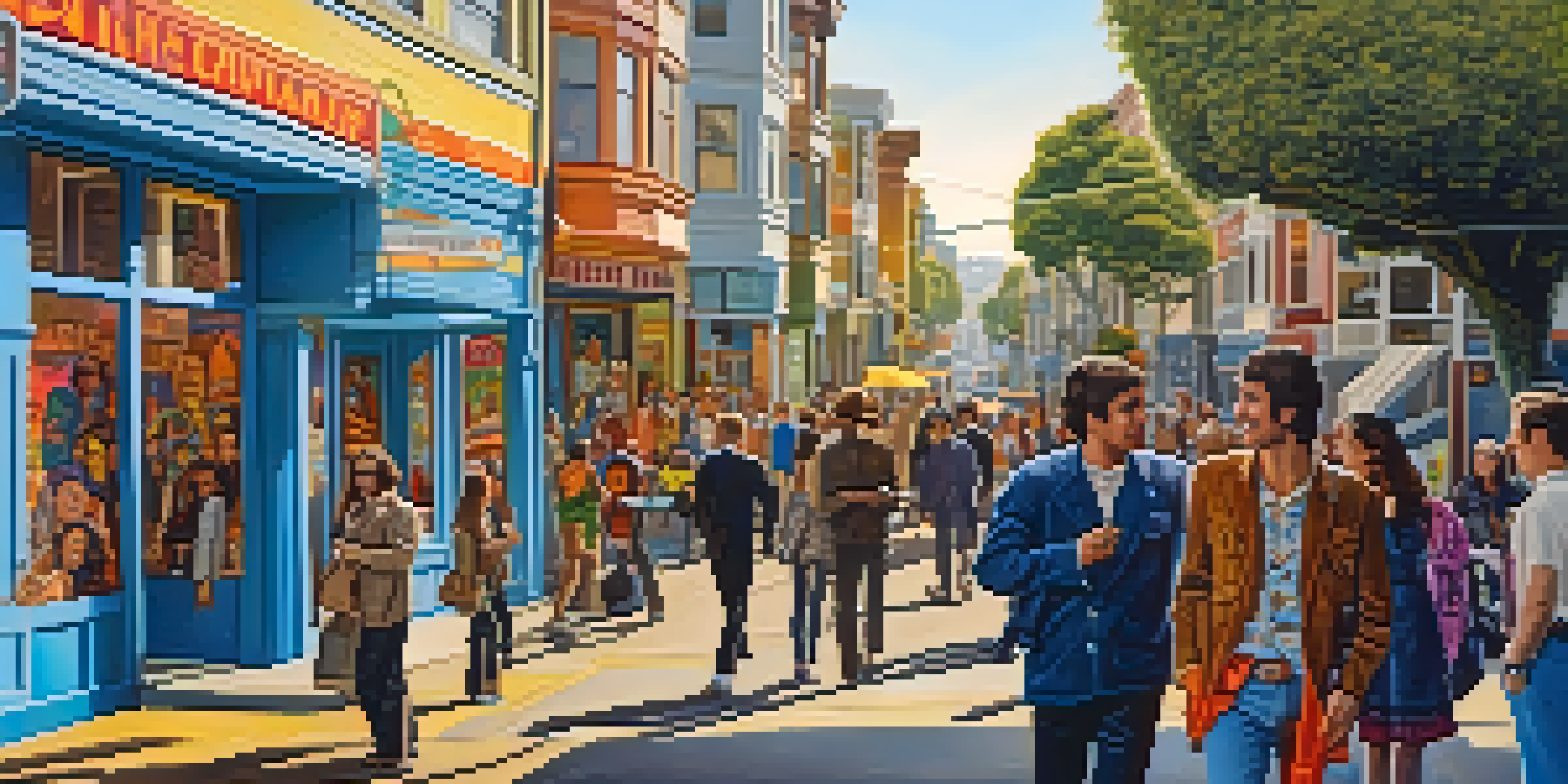 A colorful street scene in Haight-Ashbury, showcasing murals, vintage shops, and people in tie-dye clothing, with musicians playing guitars.