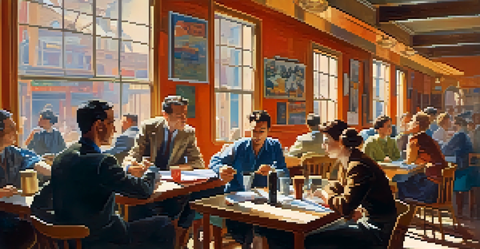 A lively coffeehouse scene in 1950s San Francisco, featuring diverse writers engaged in conversation with coffee and books around them.