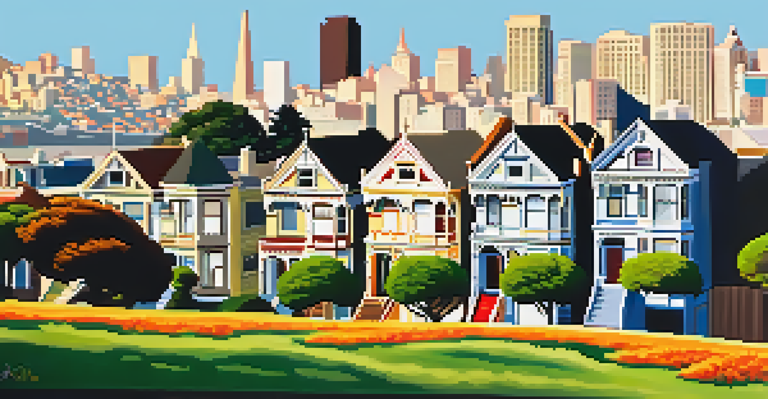 A vibrant view of the Painted Ladies, Victorian houses with colorful designs, set against the San Francisco skyline with a park in front.
