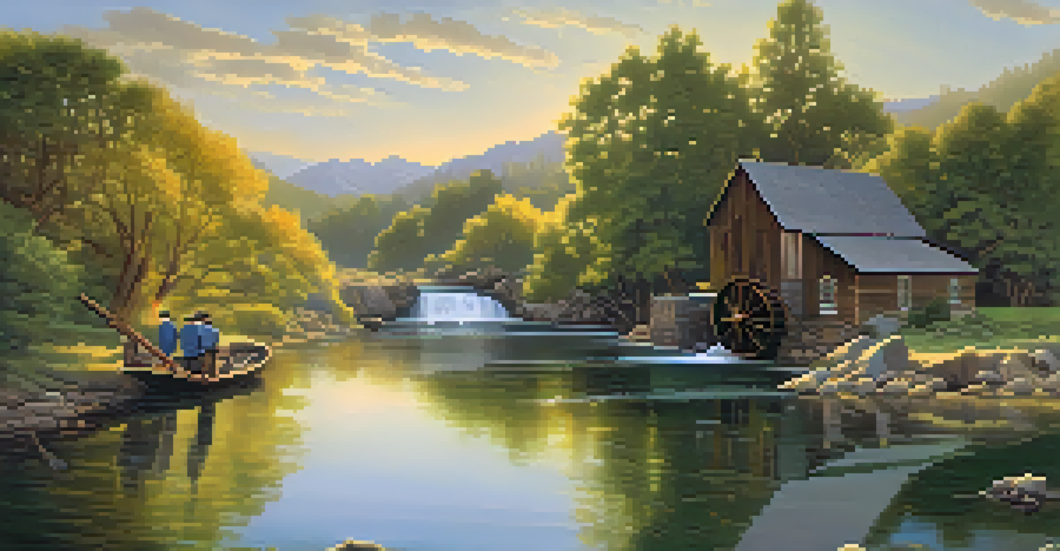 A tranquil view of Sutter's Mill in California, depicting miners panning for gold by the river surrounded by nature.