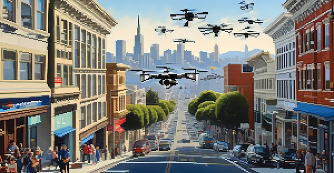 A busy street in San Francisco with drones in the sky delivering packages, surrounded by people and iconic buildings.