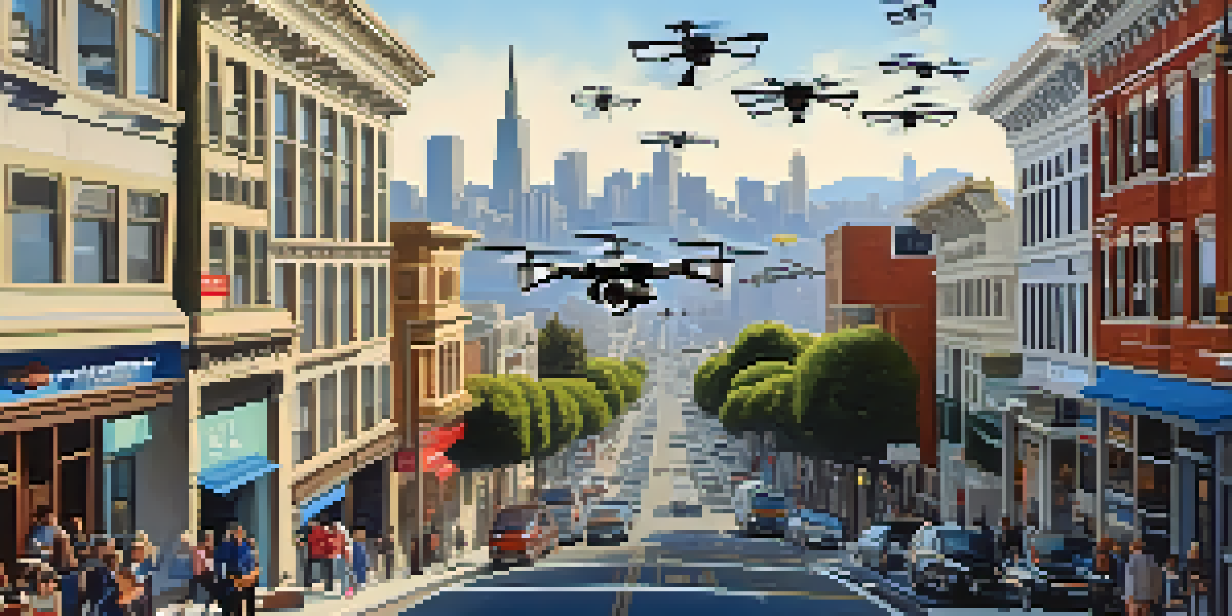 A busy street in San Francisco with drones in the sky delivering packages, surrounded by people and iconic buildings.