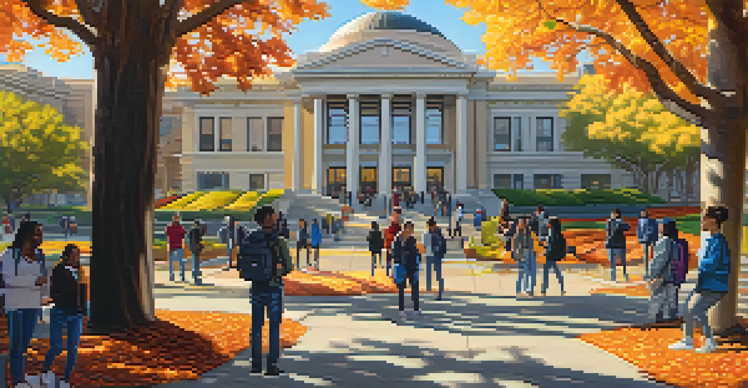 Diverse students at San Francisco State University engaged in conversation surrounded by colorful murals and autumn trees under warm sunlight.