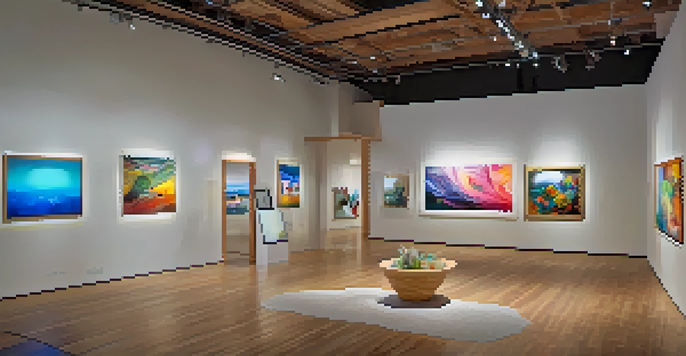 A colorful art gallery featuring contemporary installations and vibrant paintings, with visitors engaging with the artwork.