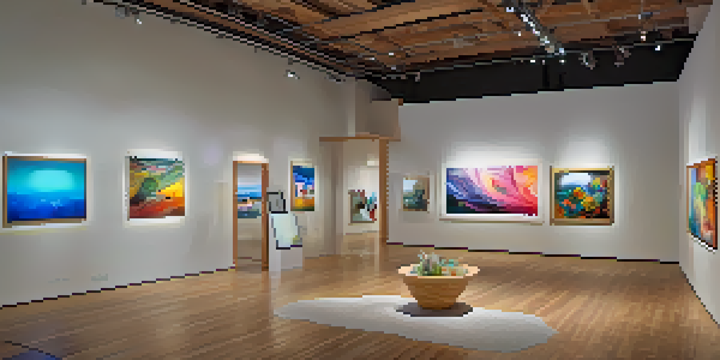 A colorful art gallery featuring contemporary installations and vibrant paintings, with visitors engaging with the artwork.
