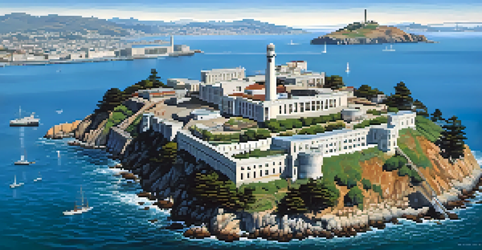 Aerial view of Alcatraz Island with the historic prison and San Francisco skyline in the background under a clear sky.