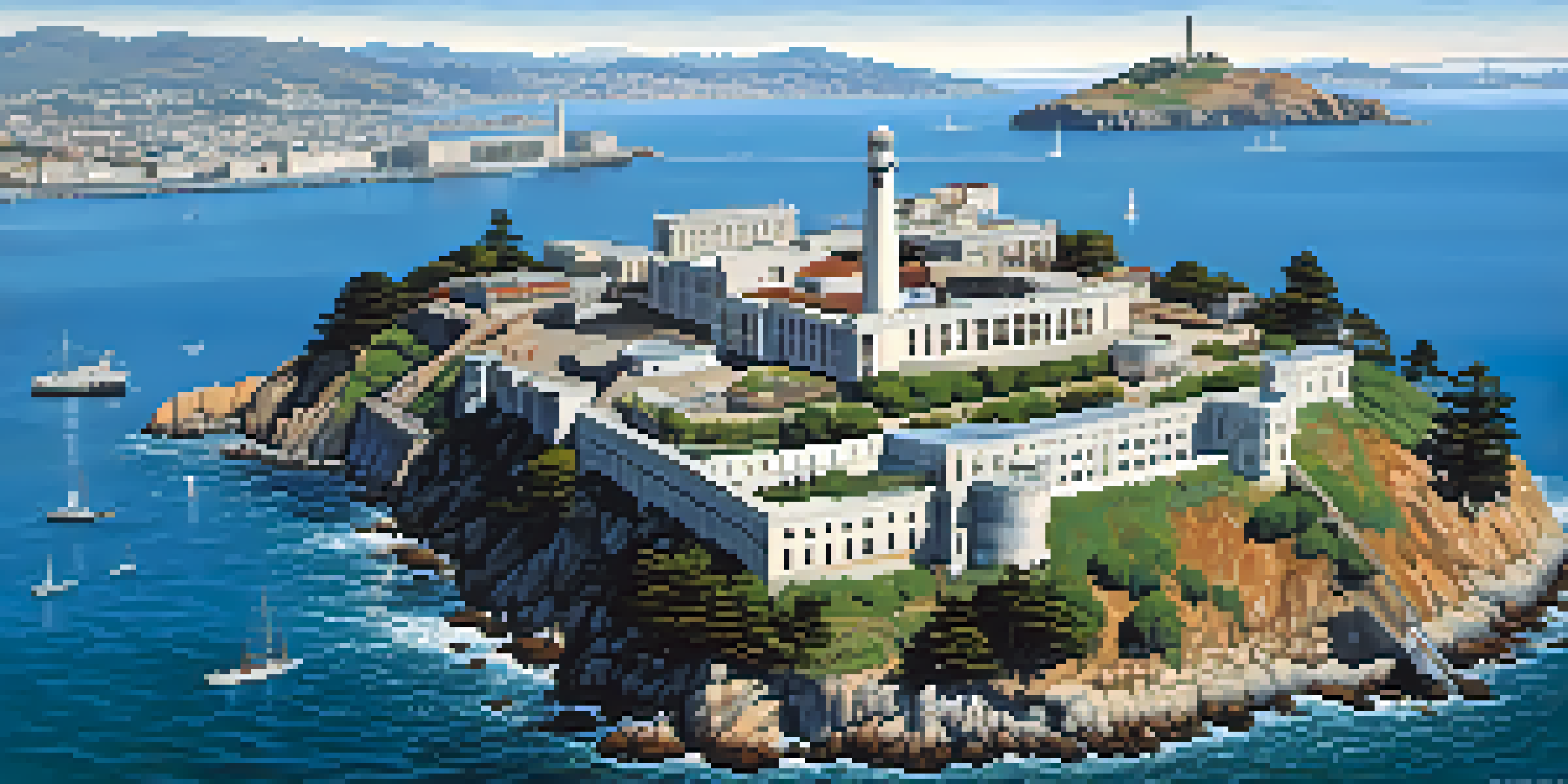 Aerial view of Alcatraz Island with the historic prison and San Francisco skyline in the background under a clear sky.