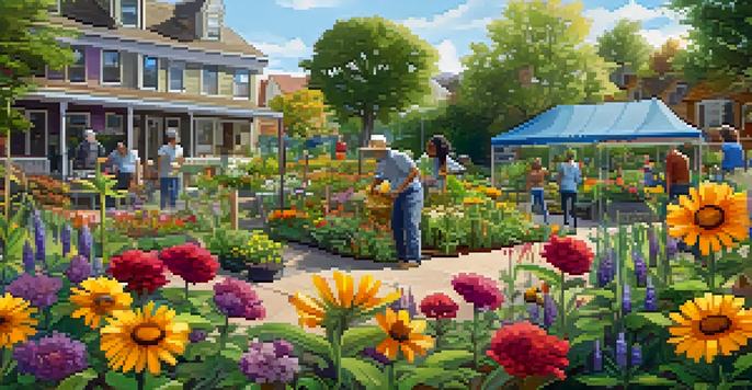 A lively community garden showcasing various native plants and flowers, with people of different ages gardening together under sunlight.