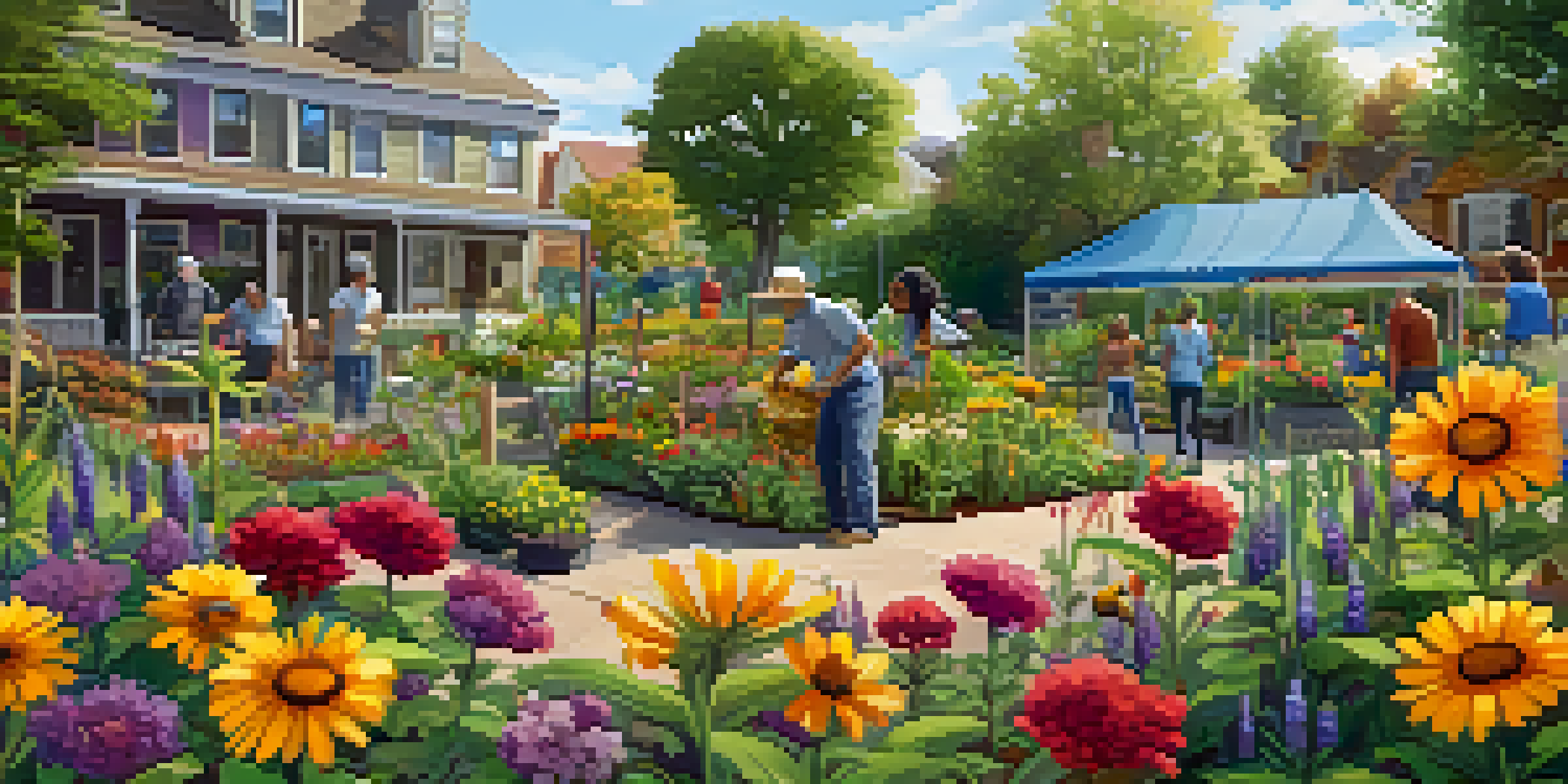 A lively community garden showcasing various native plants and flowers, with people of different ages gardening together under sunlight.
