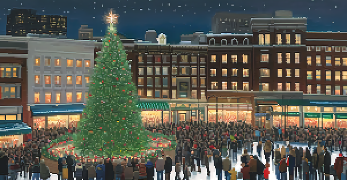 A vibrant scene of Union Square with a large Christmas tree and people enjoying the festivities, surrounded by twinkling lights.