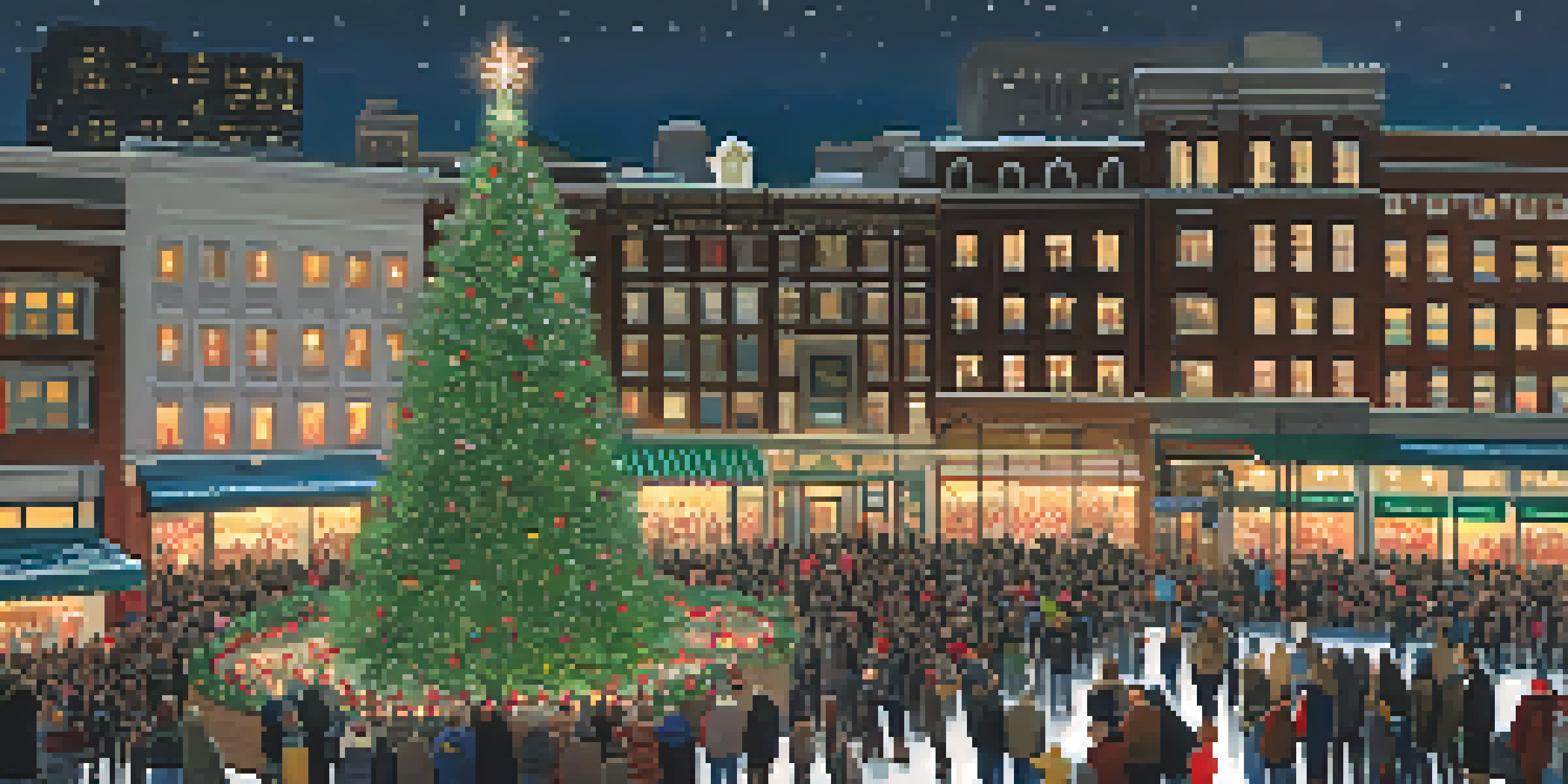 A vibrant scene of Union Square with a large Christmas tree and people enjoying the festivities, surrounded by twinkling lights.