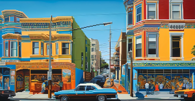 A colorful mural depicting Latino heritage in the Mission District of San Francisco, with people walking by and clear skies above.