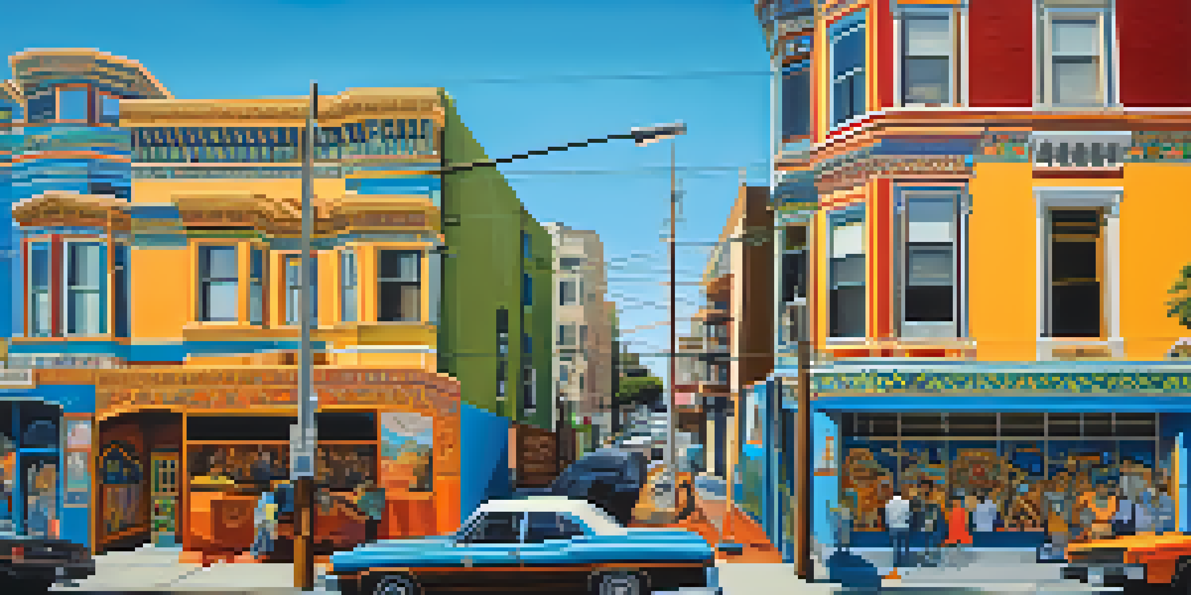 A colorful mural depicting Latino heritage in the Mission District of San Francisco, with people walking by and clear skies above.