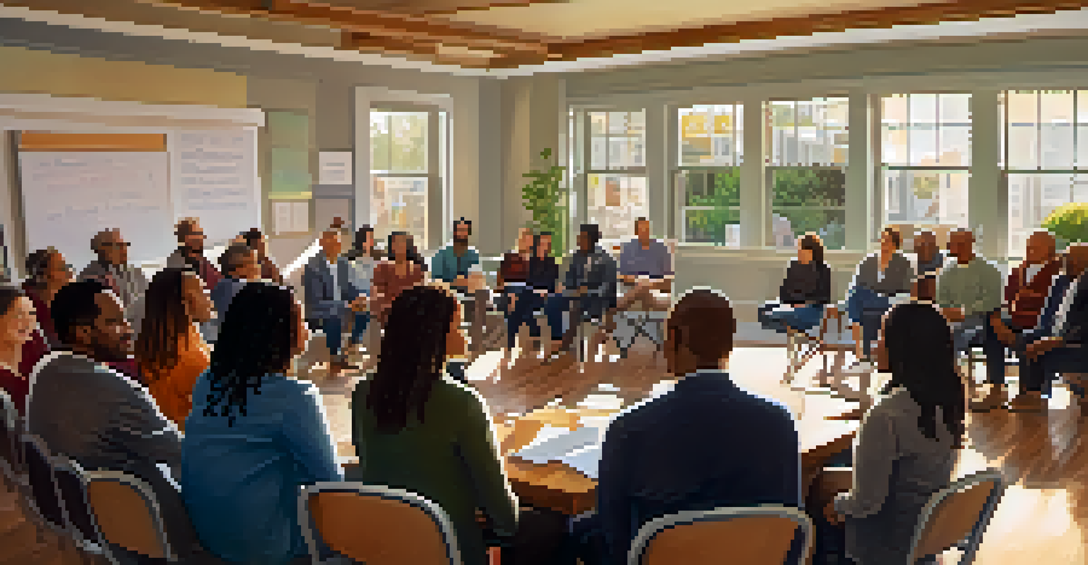 A community meeting in San Francisco with candidates discussing their platforms, surrounded by engaged residents in a cozy neighborhood center.