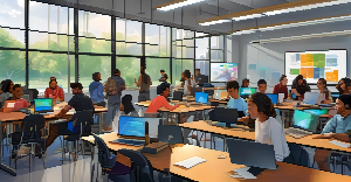 A diverse group of students collaborating in a bright coding boot camp classroom with laptops and digital screens.