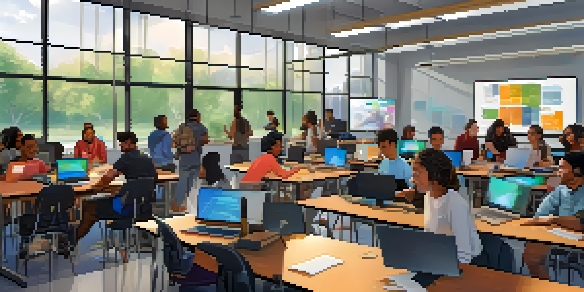 A diverse group of students collaborating in a bright coding boot camp classroom with laptops and digital screens.