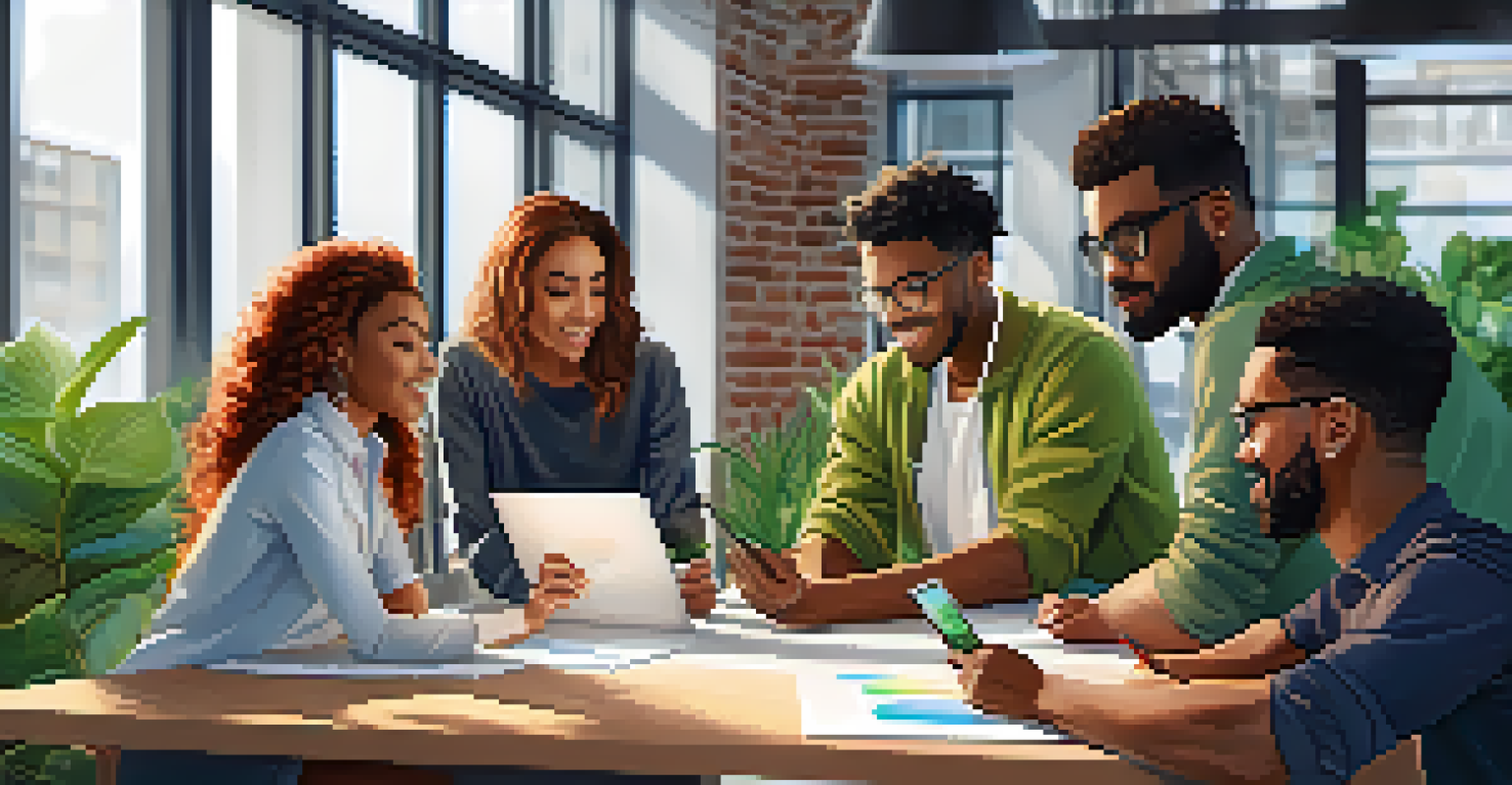 A diverse team of startup founders collaborating in a modern workspace, surrounded by greenery and technology.