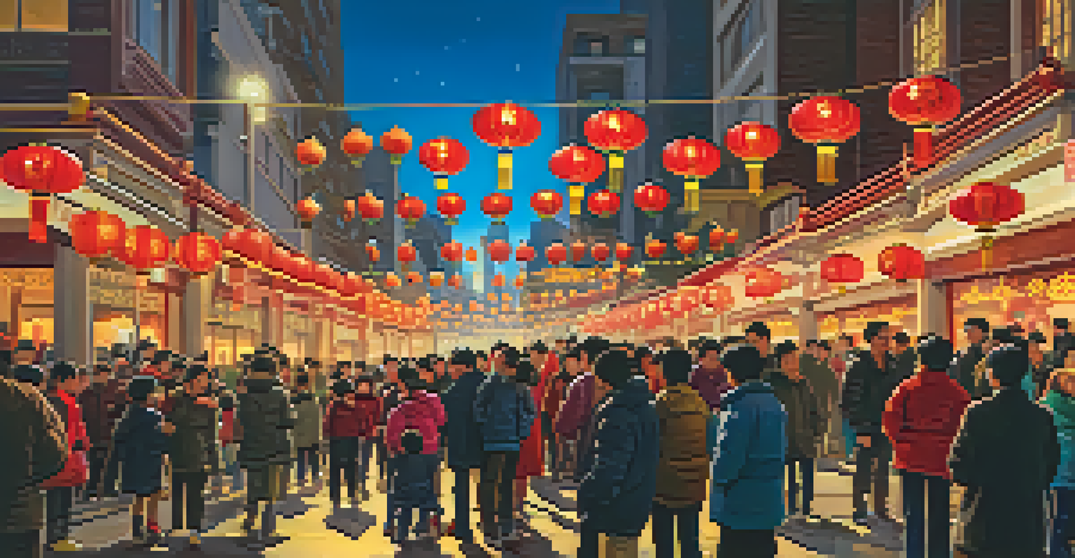 Families enjoying the Chinese New Year Festival in Chinatown with colorful lanterns and traditional performances.