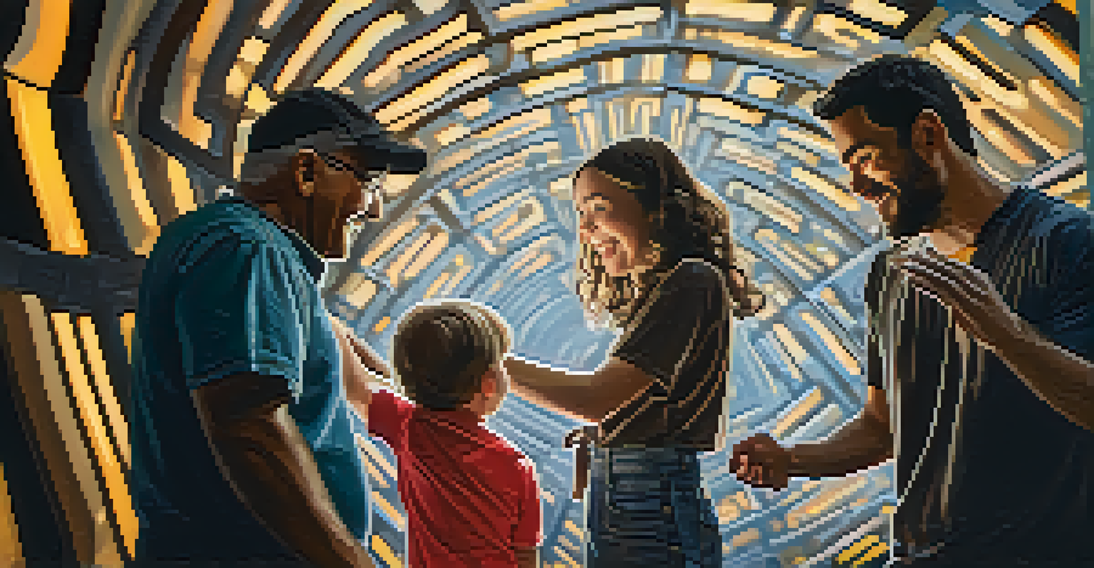 A family inside the Tactile Dome exhibit at the Exploratorium, exploring a dark maze through touch, with visible excitement on their faces.